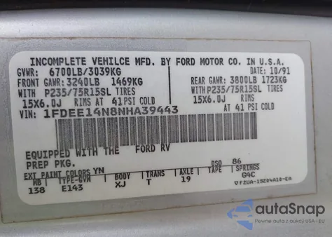 1992 Ford Econoline E150 Van from USA, damaged, VIN 1FDEE14N8NHA39443